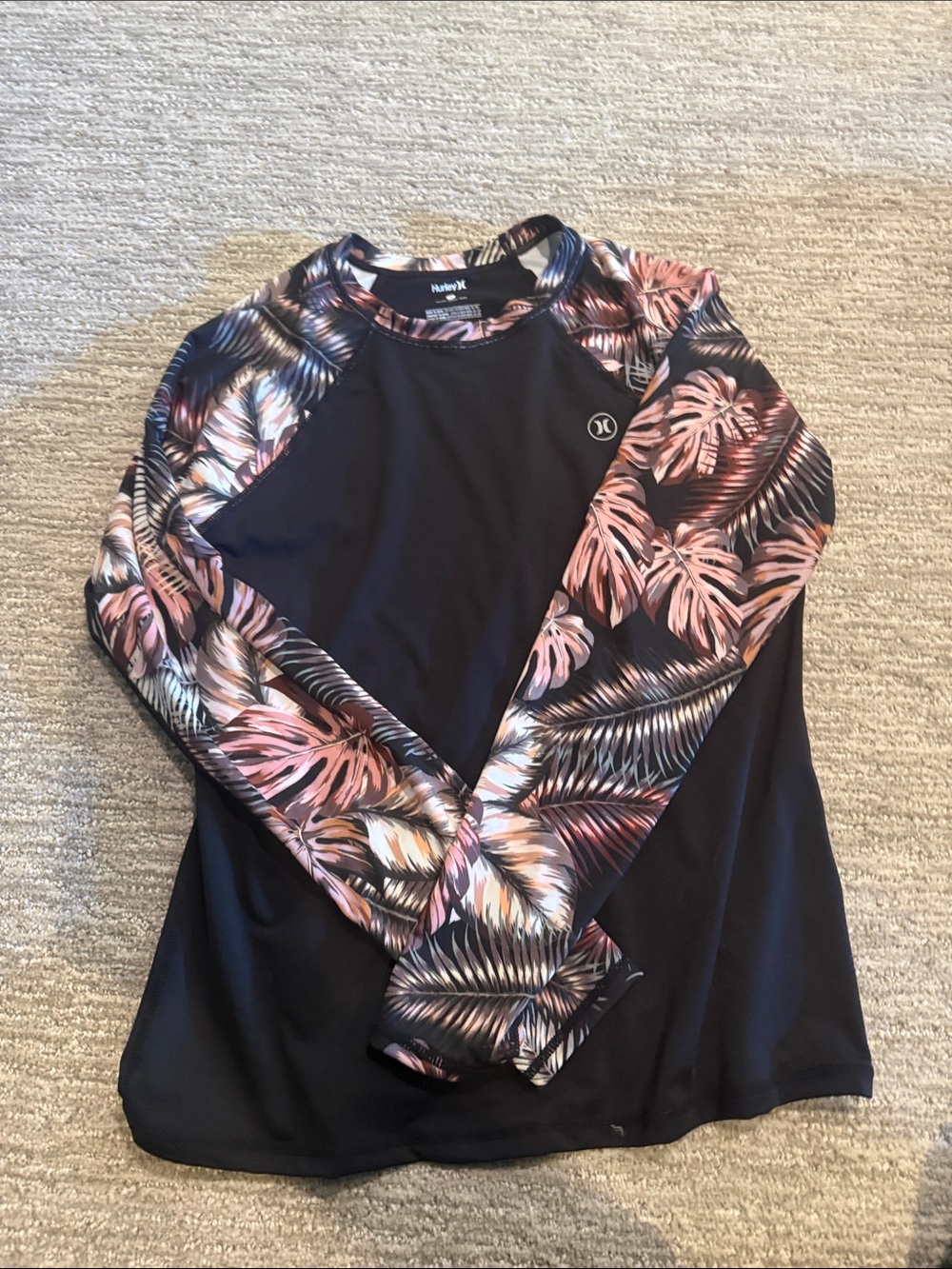 Hurley Black Rash Guard with Pink and Cream Tropical Leaf Sleeves